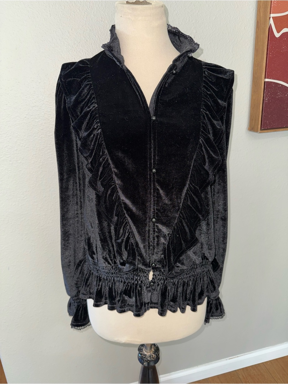 Scarlet Darkness black gothic velvet ruffles, long-sleeve blouse. Size medium
